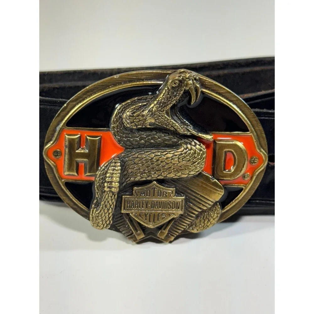 Vintage Harley Davidson Brass Belt Buckle Rattlesnake V-Twin Siskiyou 1990 32/34